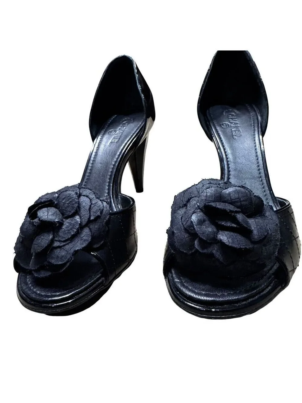 Chanel Black Quilted D'Orsay Peep Toe Flower Pumps EU 37.5 MSRP $1,195